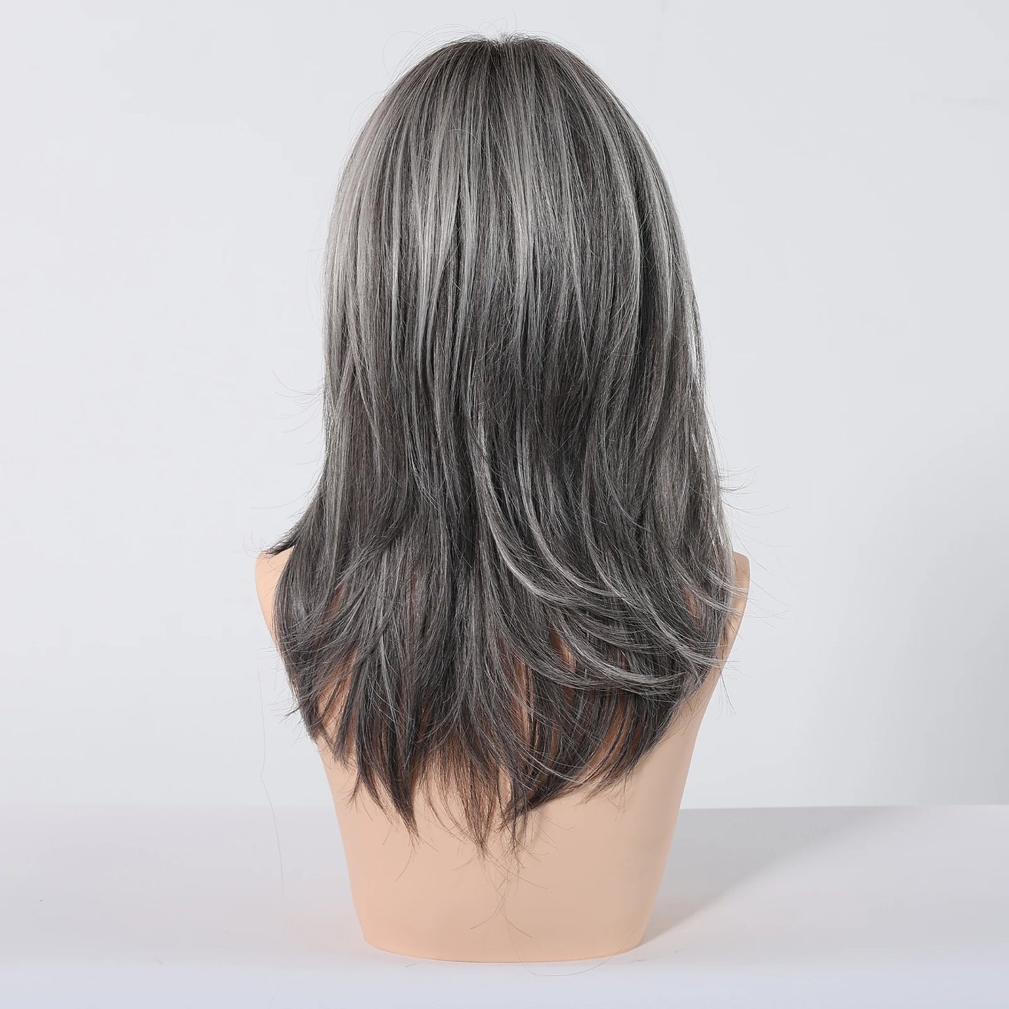 Medium Length Straight Wigs Gray Layered Synthetic Wigs With Bangs For Women Party Cosplay Natural Heat Resistant Fake Hair