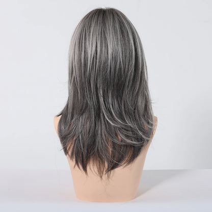 Medium Length Straight Wigs Gray Layered Synthetic Wigs With Bangs For Women Party Cosplay Natural Heat Resistant Fake Hair
