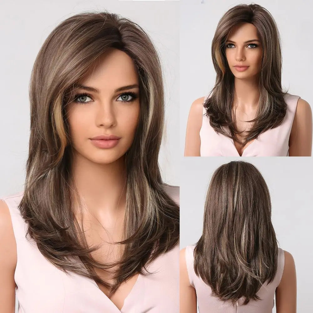 Medium Length Straight Wigs Gray Layered Synthetic Wigs With Bangs For Women Party Cosplay Natural Heat Resistant Fake Hair