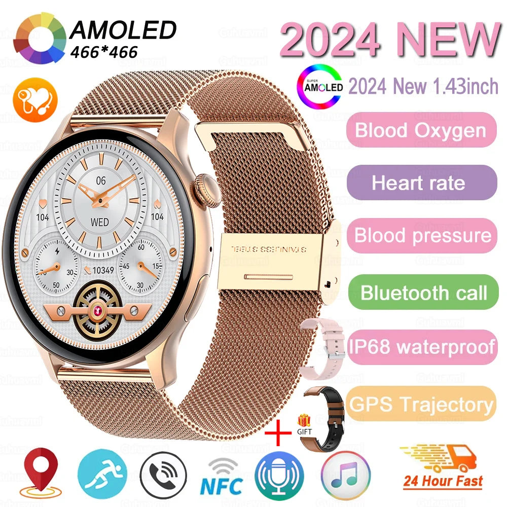 2024 New NFC Smart Watch Women 1.43 Inch AMOLED 466*466 HD Screen Always Display Sport Watch Women Bluetooth Call GPS Smartwatch