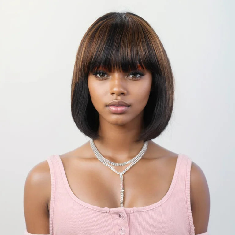 Straight Hair Short Bob Lace Wigs 100% Human Hair Wigs With Bangs #4/27 Natural Brown Middle Part Bob Lace Wigs Realistic Scalp