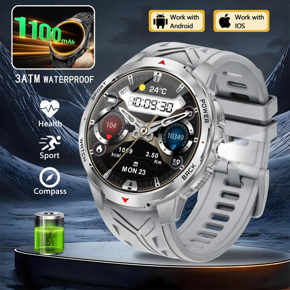 1100mAh Super Capacity Battery Military Outdoor Smart Watch Men 1.7inch Screen Compass Bluetooth Call 3ATM Waterproof SmartWatch