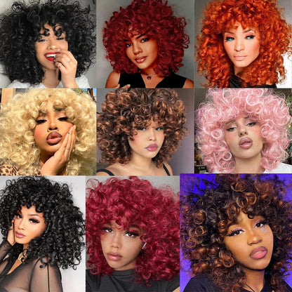 Short Loose Red Curly Wig for Black Women Curly Afro Wig with Bangs Synthetic Fiber Natural Looking Glueless Hair for Daily Wear
