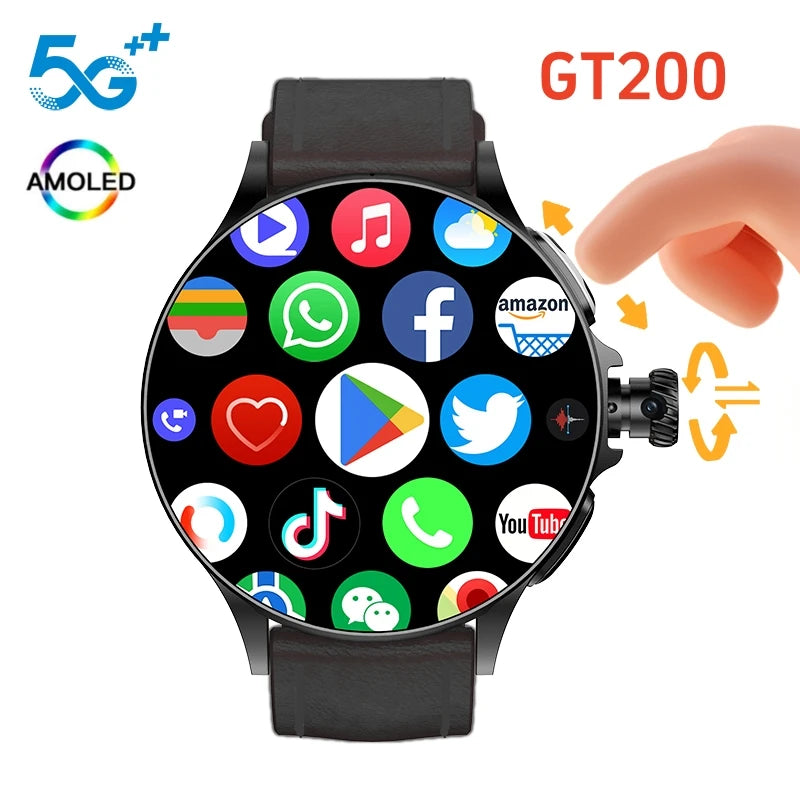 HOT GT200 Smart Watch 4G Android 10.0 System GPS WIFI SIM Card 1.95'' AMOLED Screen Rotating camera Touch encoder Smartwatch Men