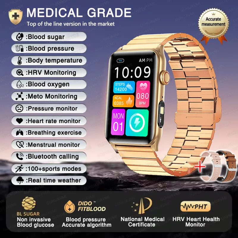 2025 New AI Medical Diagnosis Blood sugar Blood pressure Blood oxygen Smart Watch For Men Bluetooth Call LED Health Smart watch