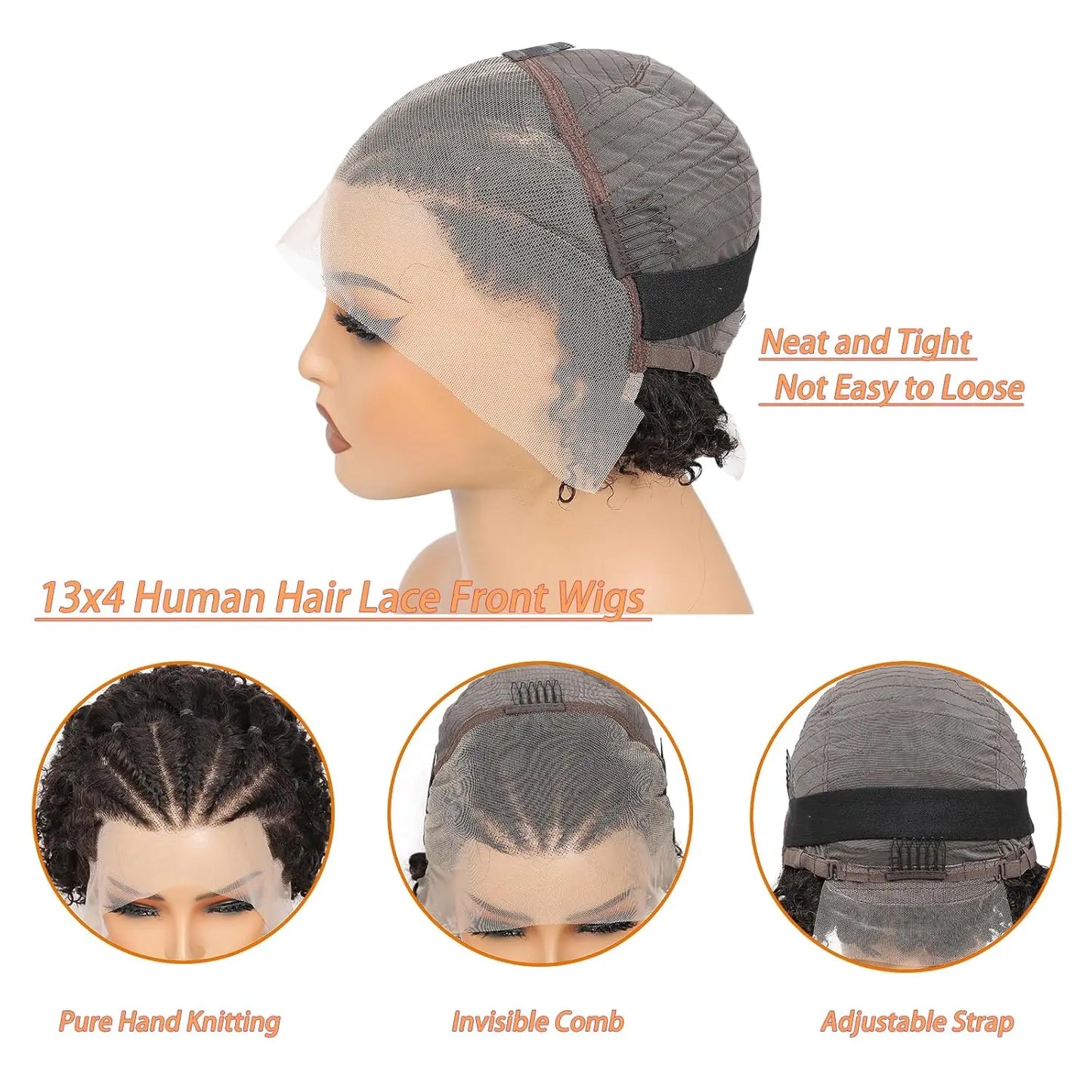 Afro Kinky Curly Braid Wigs Human Hair 13x4 HD Lace Front Glueless Pixie Cut Pre Made Braided Cornrow Afro Puff Wig For Women