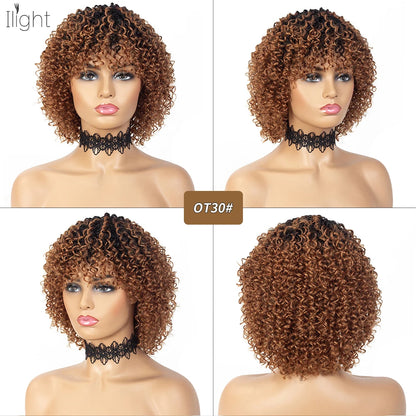 8 Inch Short Pixie Curly Bob Wig with Bangs Brazilian Human Hair Bouncy Curl Wig for Women Ready to Go Wig