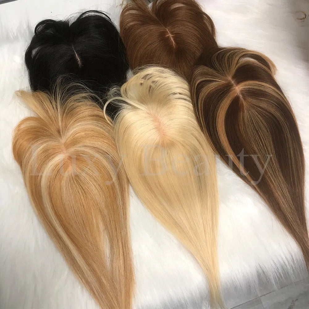 8x12cm Human Hair Topper With Bangs Women Natural Black Brown Highlights Blonde Skin Scalp Clip in Topper Hair Pieces Human Hair
