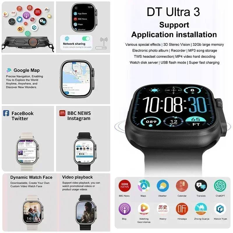 2025 New Original DT Ultra 3 Smart Watch Man 49mm AMOLED 32G ROM Chat GPT NFC Compass BT Call Sport GPS Track Sports Watch Women