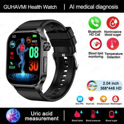 New Blood Glucose Health Smartwatch Men ECG+PPG Blood Pressure Lipids Uric Acid Sport Bluetooth Call IP67 Waterproof Smart Watch