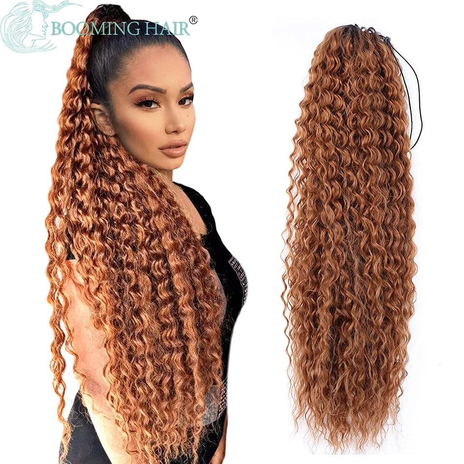 Curly Ponytail Extensions Clip in Synthetic Drawstring Ponytail Wig Long 32Inch Water Wave Afro Pony Tail Women Hairpiece False