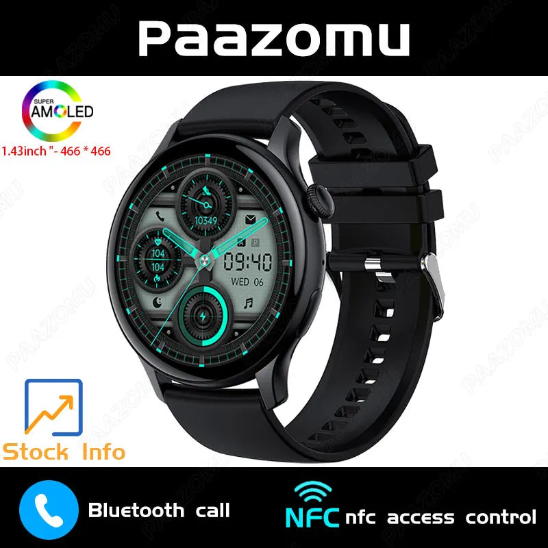 New Smart Watch Women 466*466 AMOLED Screen Always Display Time NFC Bluetooth Call Fashion IP68 Waterproof Sports Men Smartwatch
