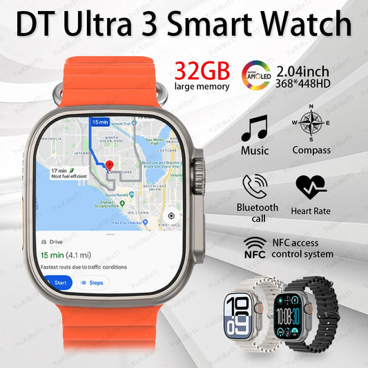2025New DT Ultra 3 Pro Google map NFC Smartwatch 32G Memory Music Video NFC Bluetooth Call Waterproof Smartwatch For Android iOS