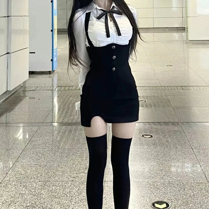 American Style Women's Spring Summer New 2023 Pleated Shirt Collar Tie Backless Hip Package Dress 2-piece Set China Origin