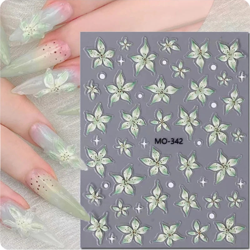 5d Embossed Nail Art Stickers Golden Lines Semi-Transparent Purple Blue Flowers Decals Decorations For Nail Tips Manicures