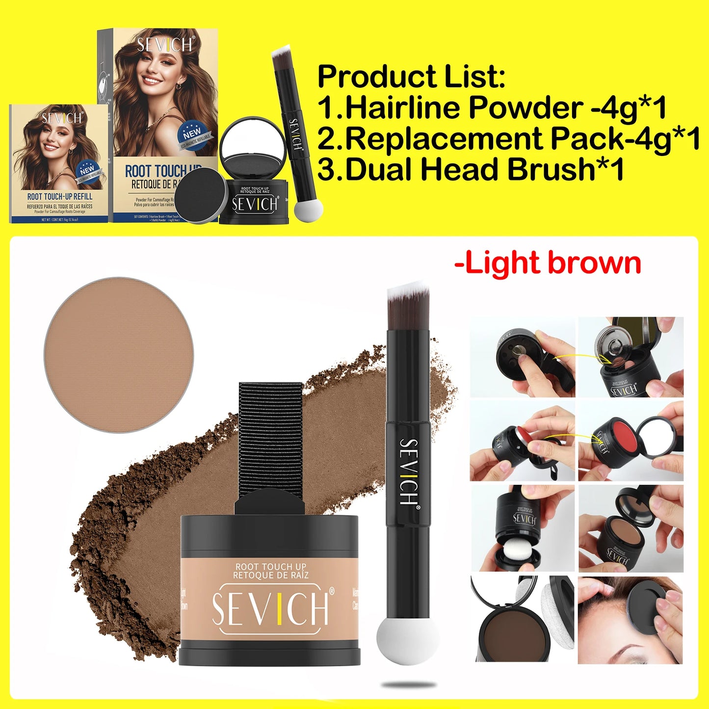 SEVICH Replaceable Hairline Powder Kit Refill Hairline Shadow Powder Root Cover Up Hair Concealer Double Ended Makeup Brush
