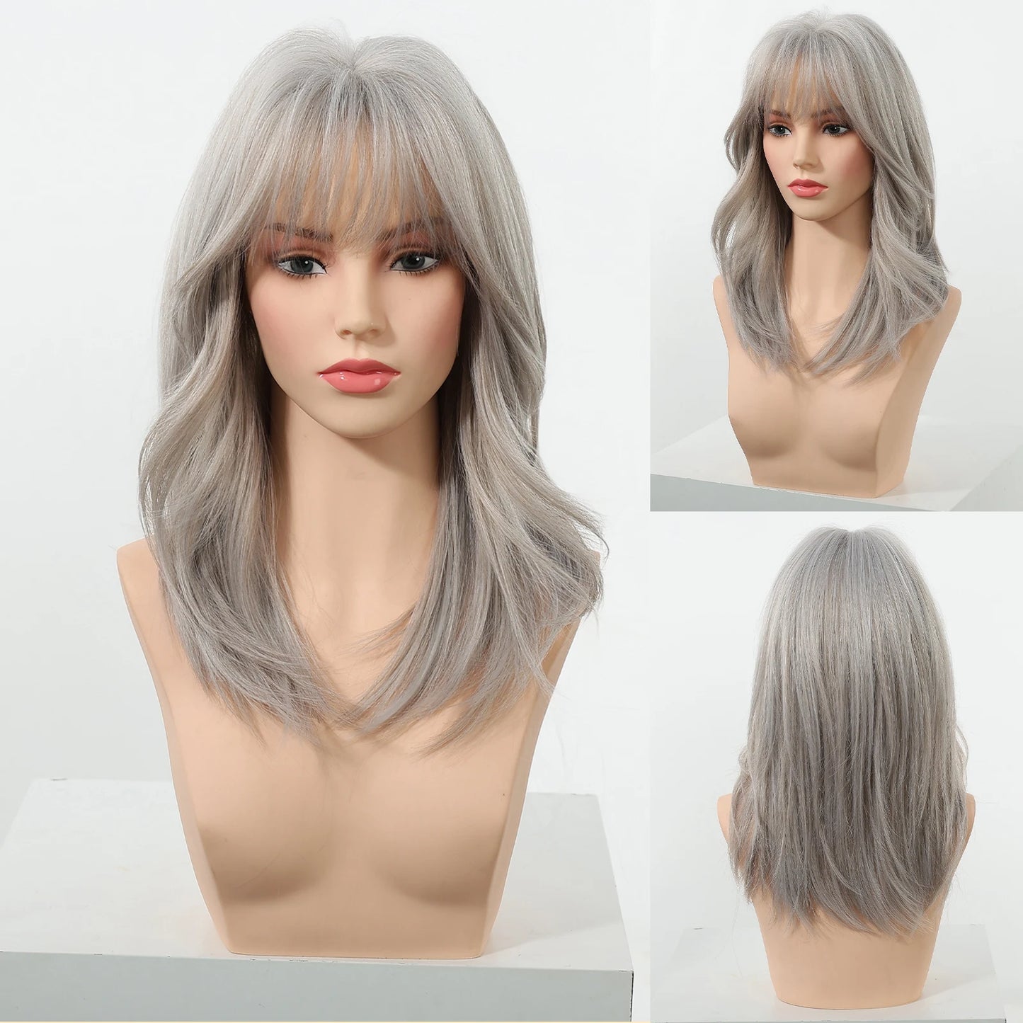 Medium Length Straight Wigs Gray Layered Synthetic Wigs With Bangs For Women Party Cosplay Natural Heat Resistant Fake Hair