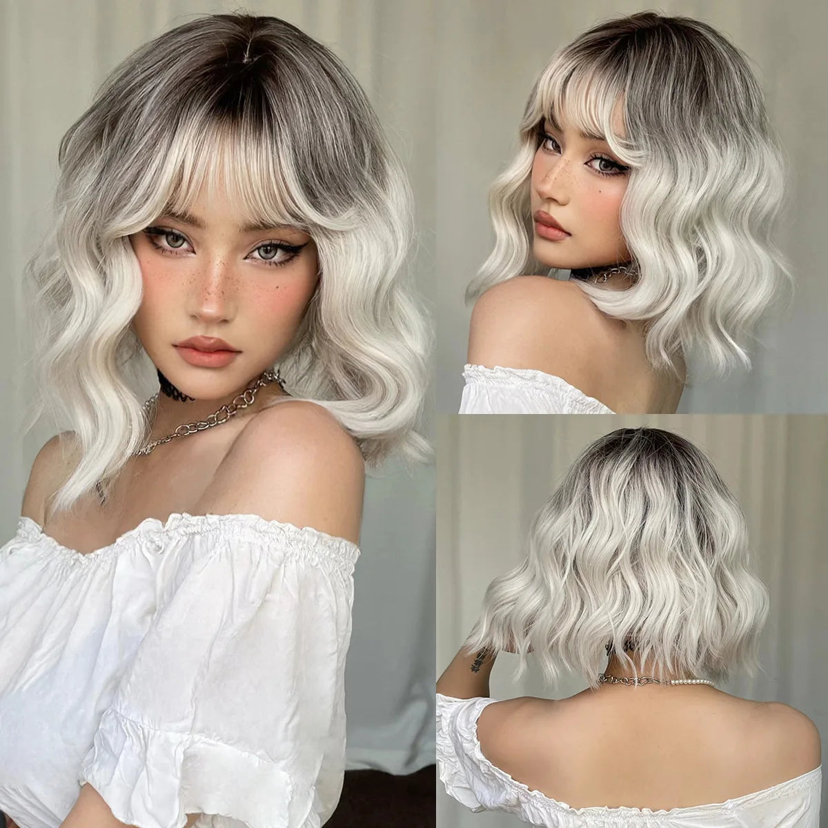 12 Inch Brown Bob Natural Wig Synthetic Cute Hair Short Wavy Curly Wig With Bangs For Women Daily Party Use Heat Resistant Fiber