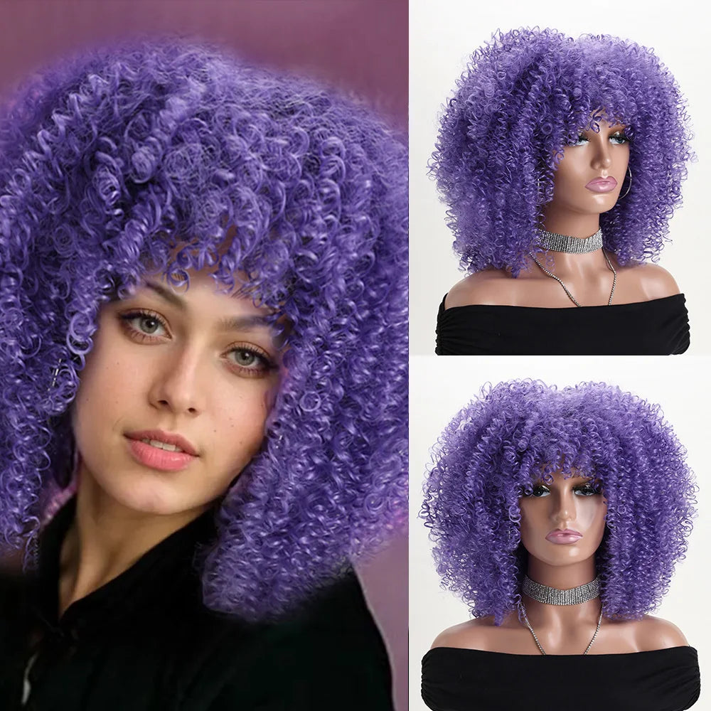 16 Inch Afro Kinky Curly Synthetic Hair Gradient Purple Wigs With Bangs Soft Fluffy Fiber  Wigs For Party Cosplay Daily Use