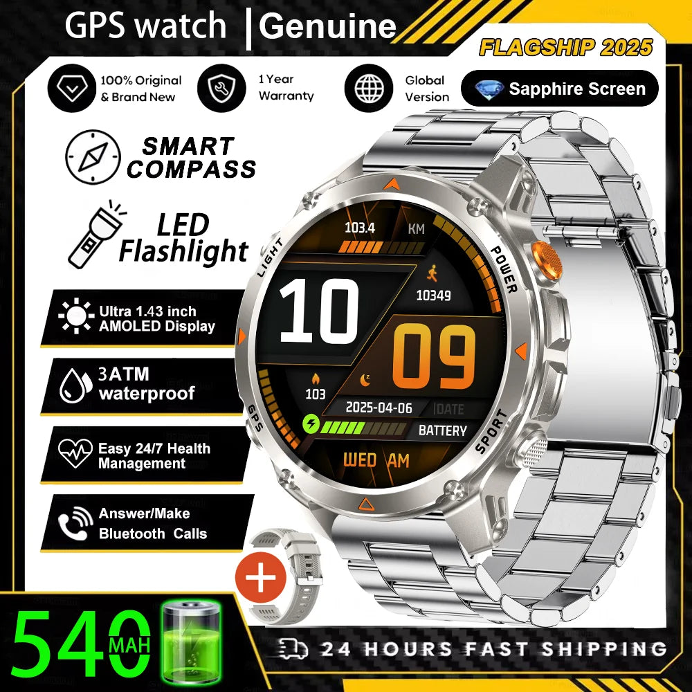 Military T-Rex 3 GPS Waterproof Smart Watch 1.46"HD AMOLED Built-in 6 Frequency Satellite Outdoors Sports Fitness Smart Bracelet