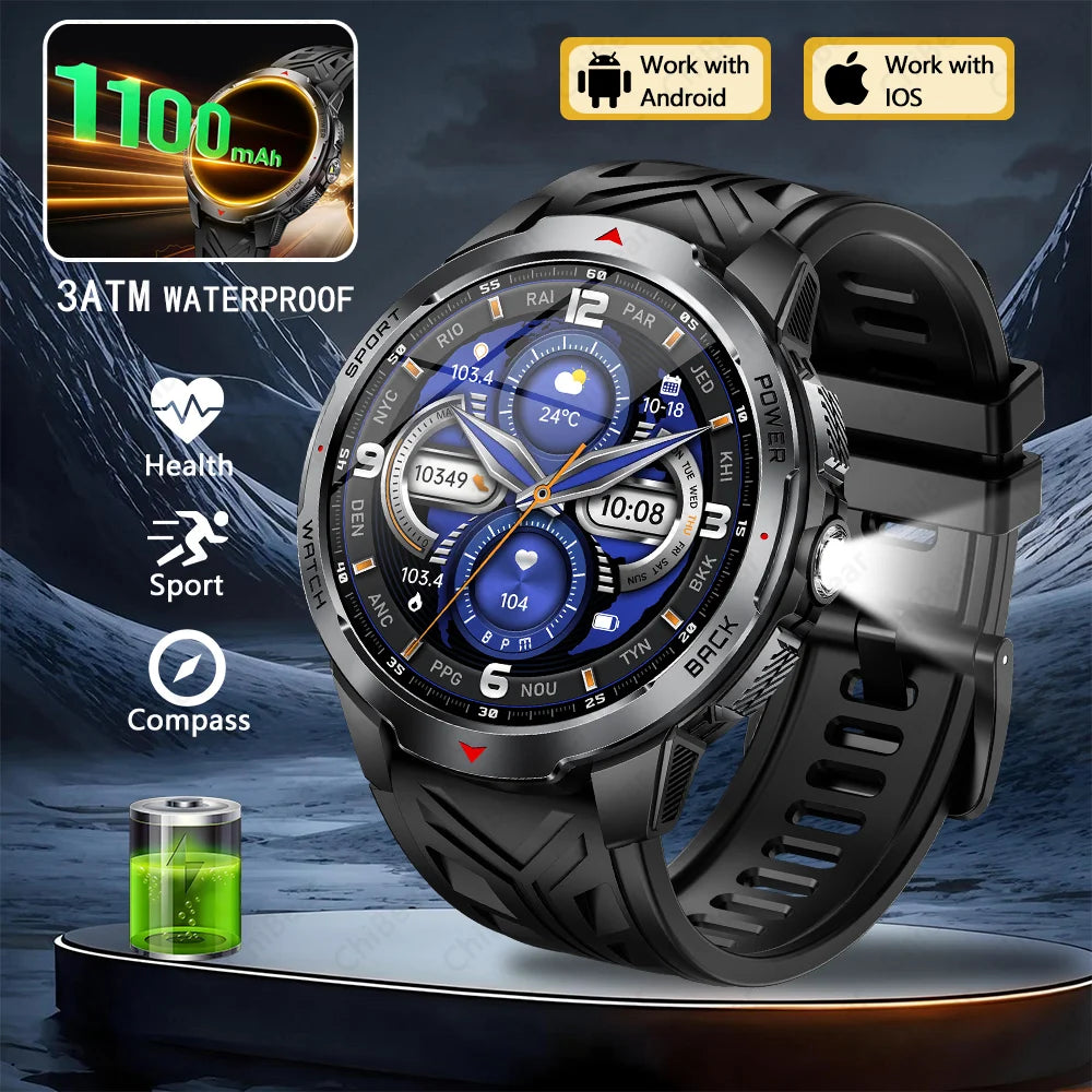 1100mAh Super Capacity Battery Military Outdoor Smart Watch Men 1.7inch Screen Compass Bluetooth Call 3ATM Waterproof SmartWatch