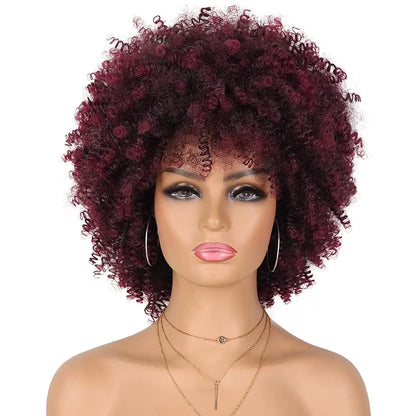 Tereshar Synthetic Short Curly with Bangs for Black Women 8 inch Afro Kinky Curly Wig Synthetic Hair Wigs for Daily Party Use