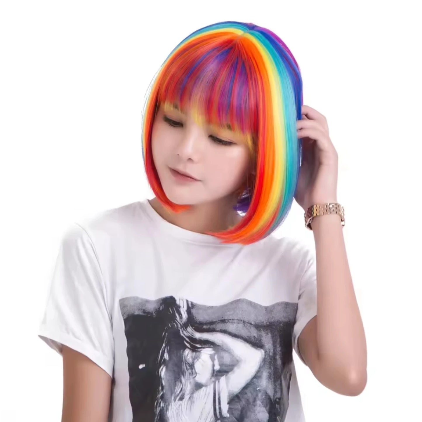 Colorful Bob Hairstyle Wig Suit Airy Bangs Rainbow Halloween Cosplay Short Hair  Synthetic Wig Halloween, Christmas costumes