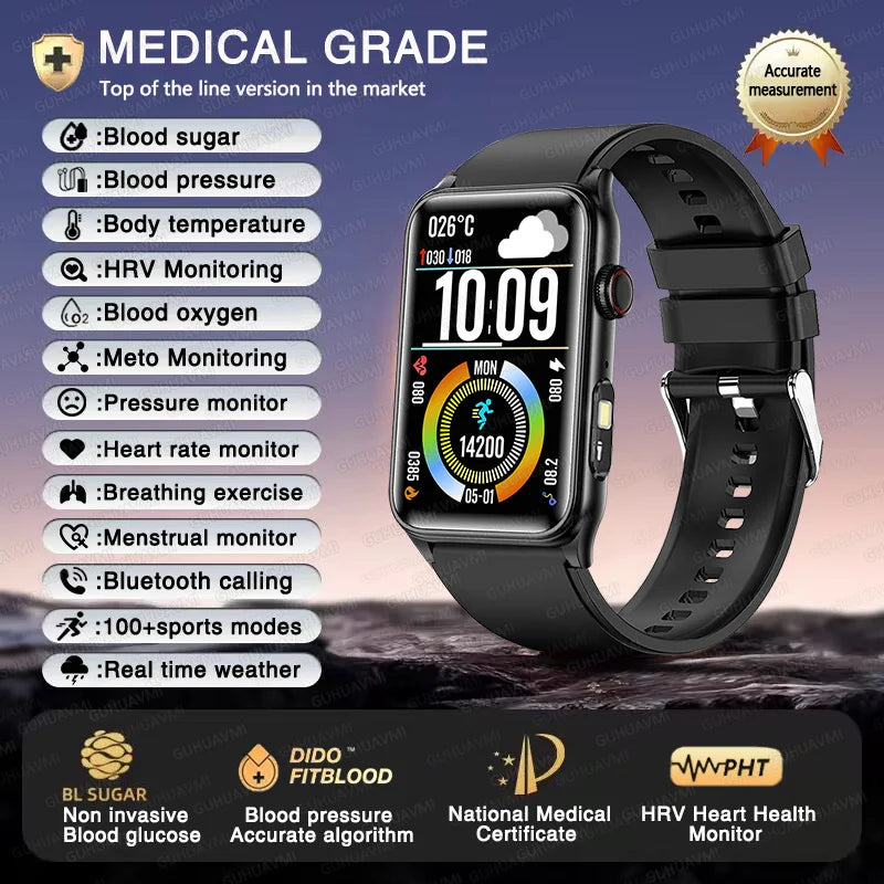2025 New AI Medical Diagnosis Blood sugar Blood pressure Blood oxygen Smart Watch For Men Bluetooth Call LED Health Smart watch