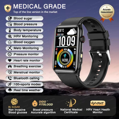 2025 New AI Medical Diagnosis Blood sugar Blood pressure Blood oxygen Smart Watch For Men Bluetooth Call LED Health Smart watch
