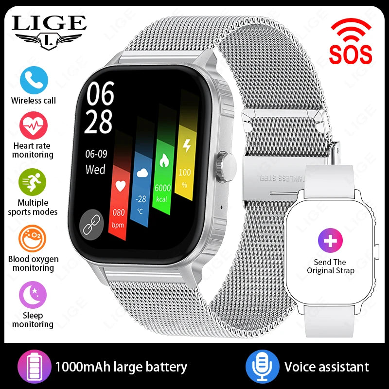 LIGE Women Smart Watch Bluetooth Call Heart Rate Sleep Monitor AI Voice Alarm Clock Music Control IP68 Waterproof Smartwatch Men