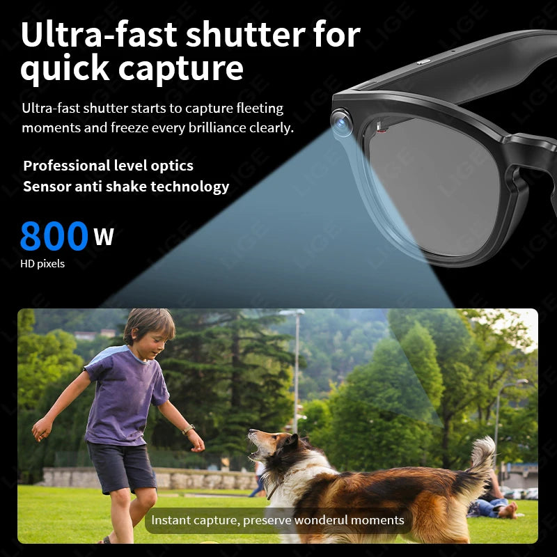 LIGE Smart Glasses 800W 4K HD Camera Sunglasses Video Recorder AI Voice Bluetooth Call Outdoor Photochromic Lenses For Man Women