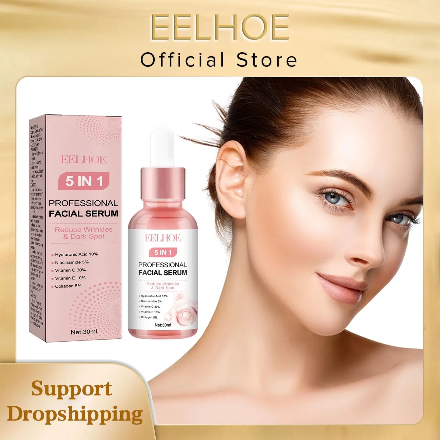 EELHOE 5 in 1 Face Serum Anti-Wrinkle Collagen Boost Fade Dark Spots Remover Whiten Skin Moisturizing Face Pore Shrinking Serum