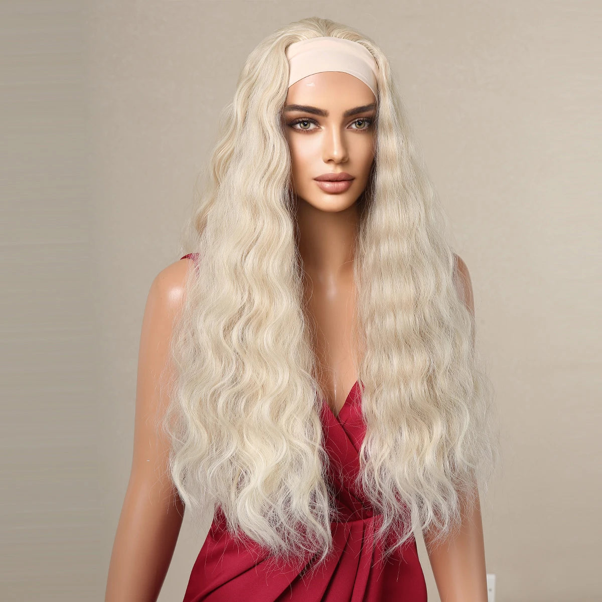 Long Curly Headband Synthetic Wigs Blonde Water Wavy Headband Wigs Bohemian Hair for Women Daily Party Use Heat-Resistant Fiber