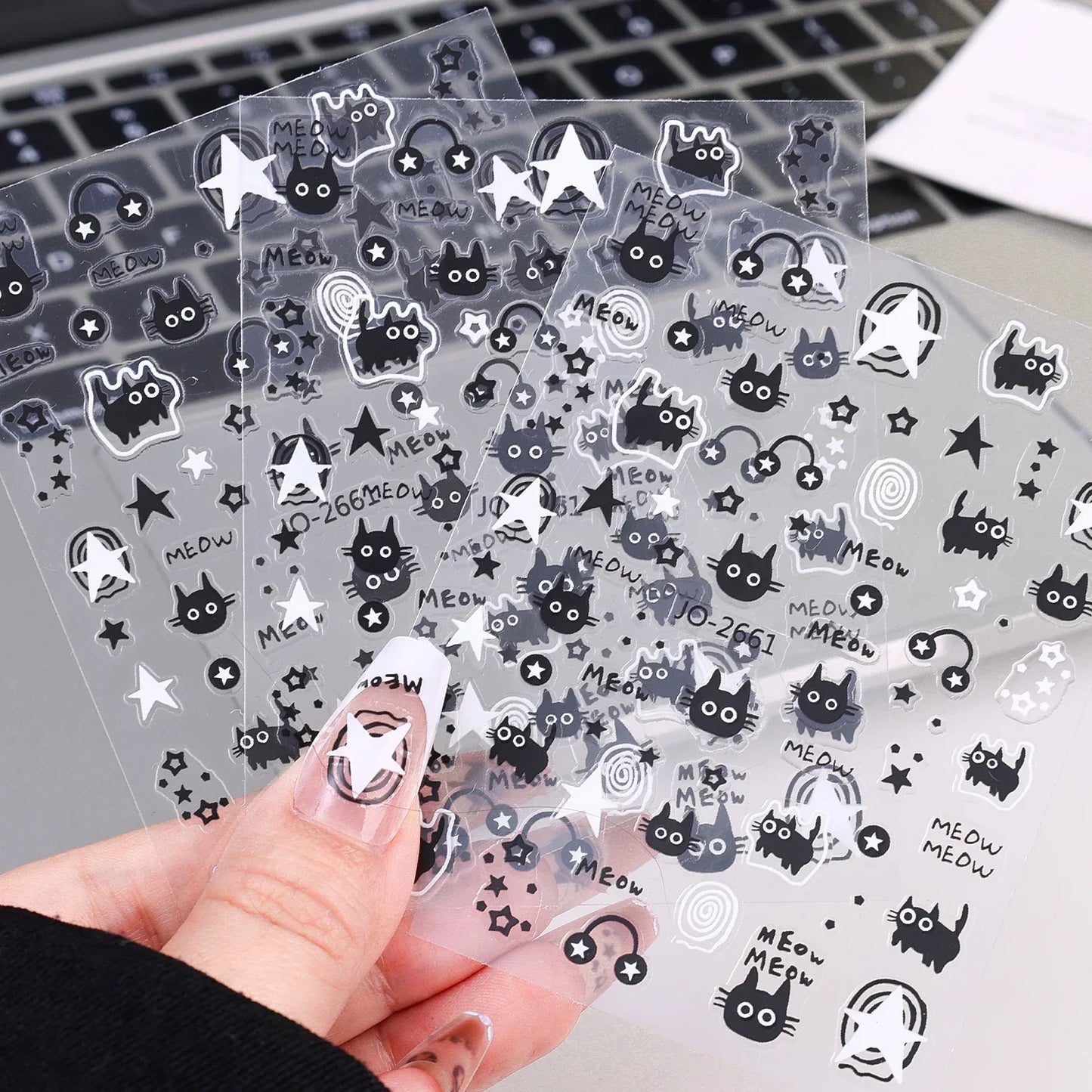 1-10PCS Y2K Black Cat Nail Stickers Kawaii Cartoon Animal Paw Sliders Nail Arts 3D Silver Stars Letters Manicure Decals Tools