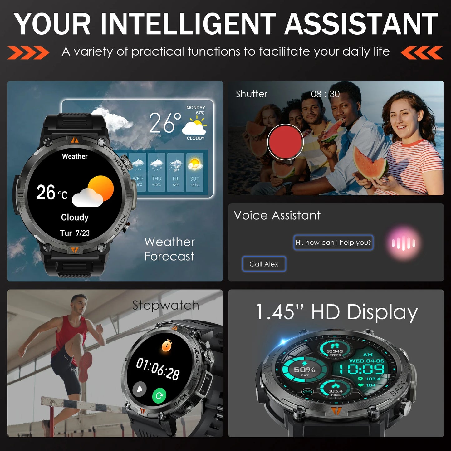 EIGIIS KE3 Bluetooth Call Smart Watch Men Full Touch Screen Health Monitor Clock With Flashlight Men SmartWatch For IOS Android