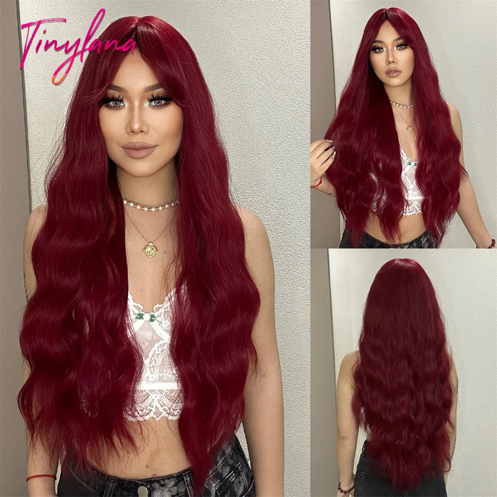 Super Long Curly Wavy Brown Synthetic Wigs with Bangs Cosplay Party Halloween Natural Afro Hair for White Women Heat Resistant