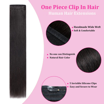One Piece Clip in Hair Extensions Human Hair Dark Black Clip in Human Hair 24inch 3/4 Full Head Straight Remy Hair 5 Clips