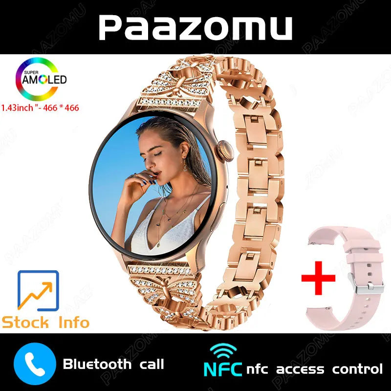 New Smart Watch Women 466*466 AMOLED Screen Always Display Time NFC Bluetooth Call Fashion IP68 Waterproof Sports Men Smartwatch