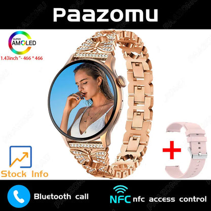 New Smart Watch Women 466*466 AMOLED Screen Always Display Time NFC Bluetooth Call Fashion IP68 Waterproof Sports Men Smartwatch