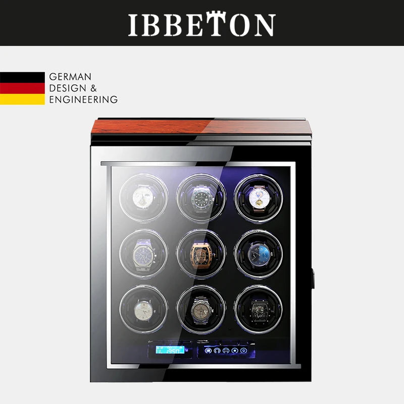IBBETON High Quality Watch Winder for 2 4 6 9 Slot Automatic Watches with Mabuchi Motor LCD Touch Screen Wooden Watch Safe Box