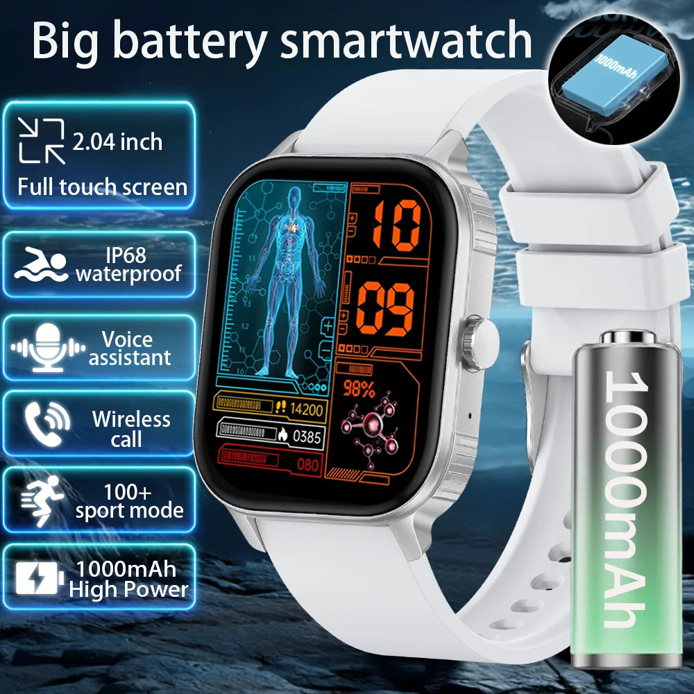 2025 new smart watch 1000MAH 2.04 inch ultra HD screen all day health heart rate detection 70+ sports IP68 waterproof BT call