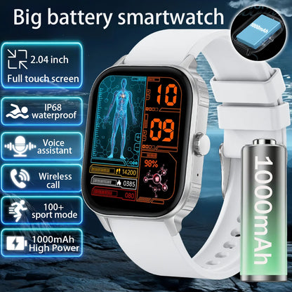 2025 new smart watch 1000MAH 2.04 inch ultra HD screen all day health heart rate detection 70+ sports IP68 waterproof BT call