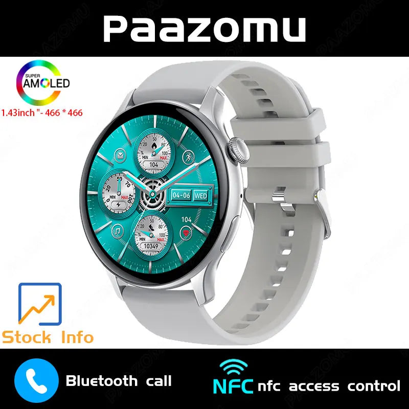 New Smart Watch Women 466*466 AMOLED Screen Always Display Time NFC Bluetooth Call Fashion IP68 Waterproof Sports Men Smartwatch