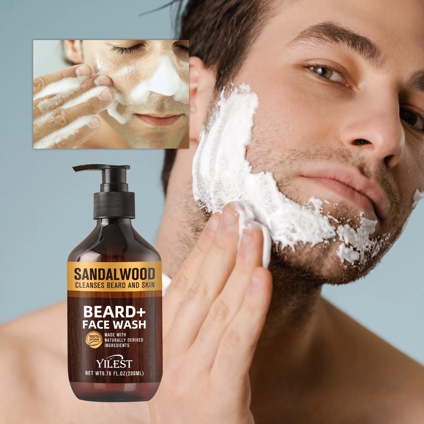 YILEST Sandalwood Beard & Face Wash for Men - 200ml Natural Cleanser with Aloe & Orange Oil, Deep Cleansing for Beard and Skin