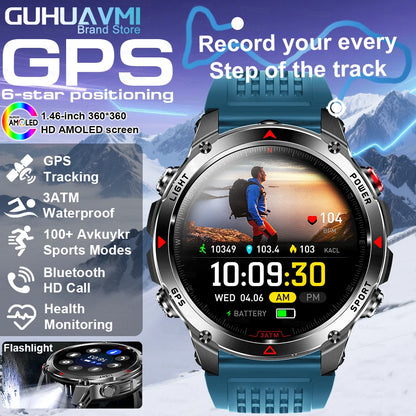 2025New Outdoor Military Smart Watch Bulit-in GPS Compass Altimeter Barometric 3ATM Waterproof AMOLED Bluetooth Call Smart Watch