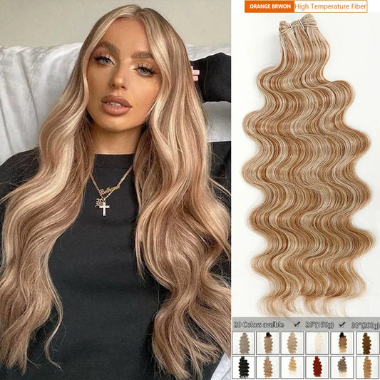 Magicae 30Inches 200 Grams Long Synthetic Hair Weave Ombre 27/ 613 Blond Brown Hair Extensions Body Wave Ponytail Hair Bundles