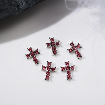 10Pcs Dark Series Cross Nail Charm Luxury Retro Silver Bottom Rhinestone Nail Art Decoration 3D Punk Cross Manicure DIY Supplies
