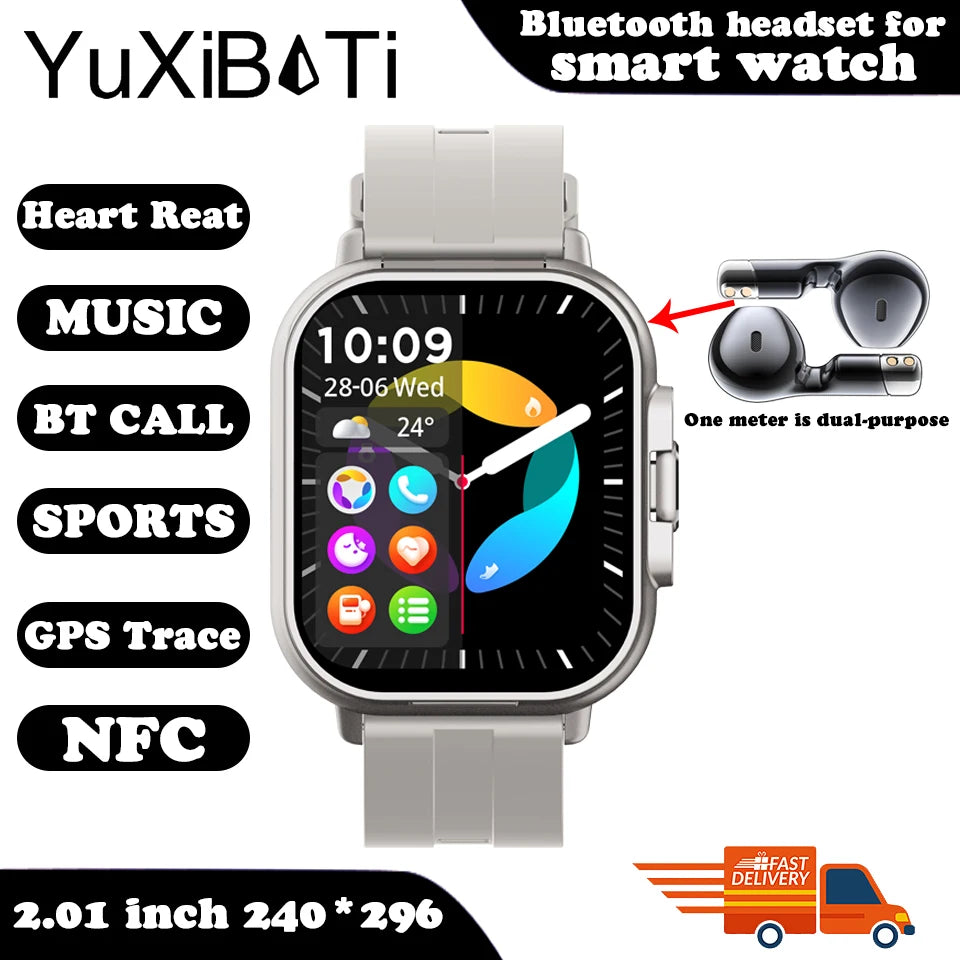 2025 Smart Watch 2 in 1 With Earphone Smartwatch Bluetooth Call NFC Men Watch GPS Track Heart Rate Monitor Play Music SmartWatch
