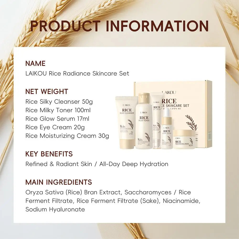 5PCS Rice Extract Skincare Set Moisturizing Facial Care Kit Cleanser Toner Serum Essence Eye Cream for Hydrating Glowing Skin