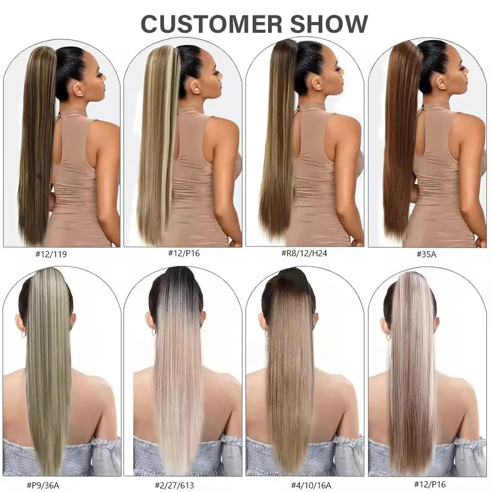 28 Inches Ponytail Blond 30/27B Hair Extensions With Clips Brown 4/10/16 Nature Color Straight Heat Resistant Synthetic Hair